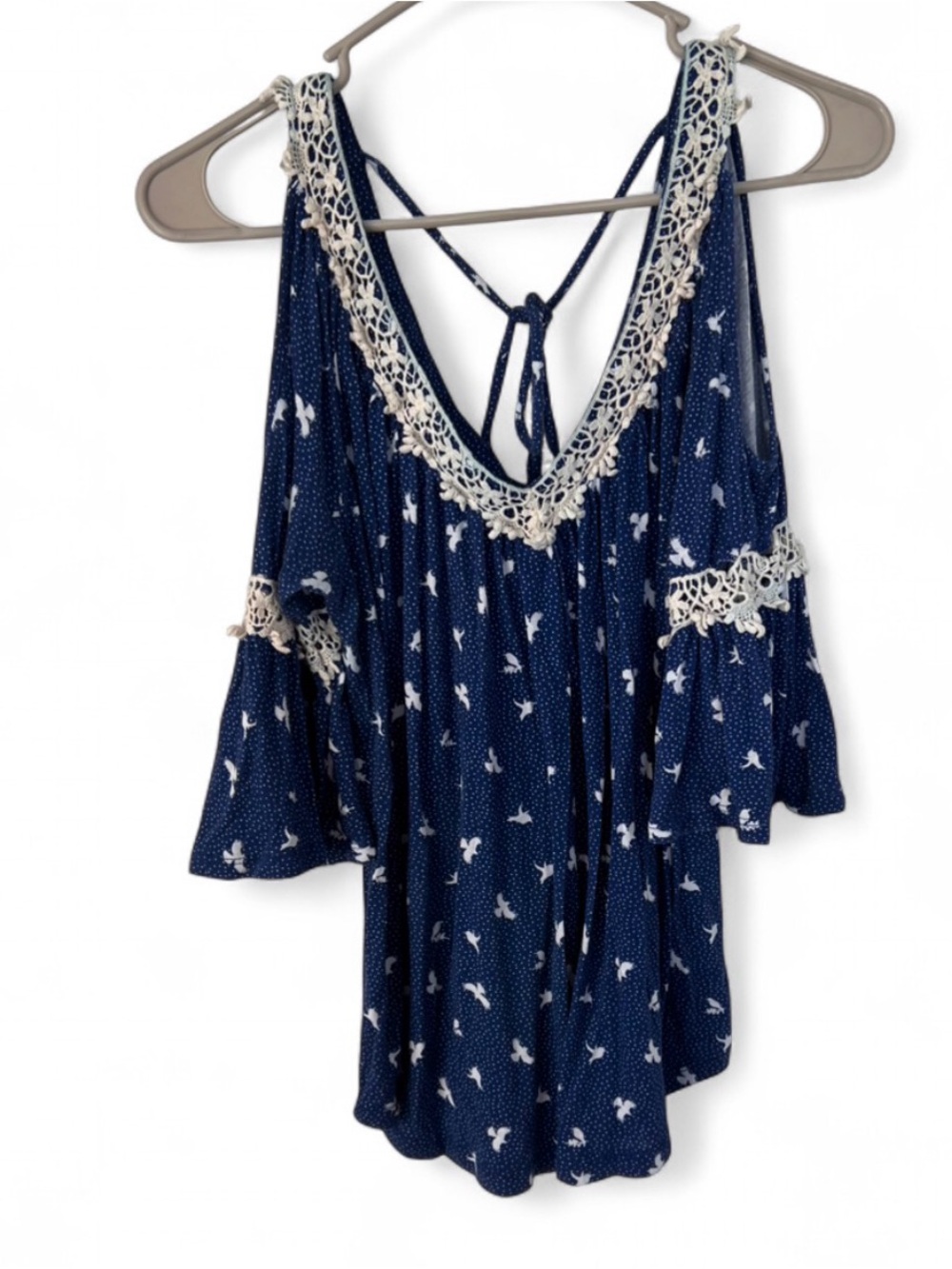 Women’s Navy Floral Cold-Shoulder Top with Lace Trim